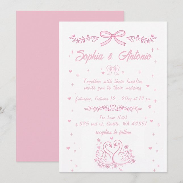 Invitation Whimsical Doodle Hand Drawn Pink Swans Wedding (Devant / Derrière)