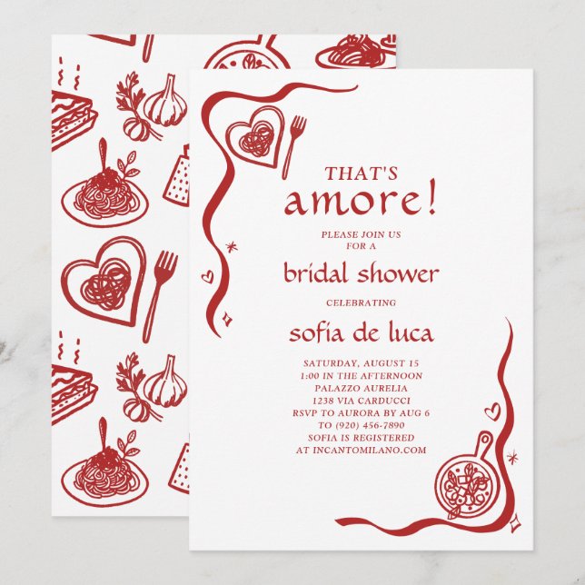 Invitation Whimsical Doodle Italian Pasta Bridal Shower (Devant / Derrière)