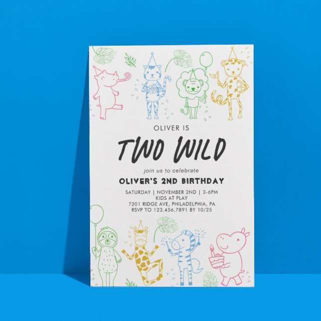 Invitation Whimsical Doodle Party Animaux 2e anniversaire (Créateur téléchargé)