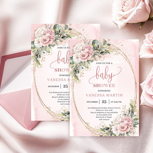 Invitation Whimsical Dusty Pink Flowers Eucalyptus Baby Showe (Whimsical Dusty Pink Flowers Eucalyptus Baby Shower)