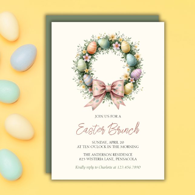 Invitation Whimsical Easter Egg Wreath Pink Bow Family Brunch (Whimsical Easter Egg Wreath Pink Bow Family Brunch Invitation)
