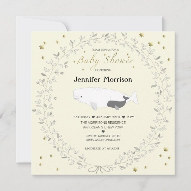 Invitation Whimsical Elegant Baby shower de baleines Beluga (Devant)