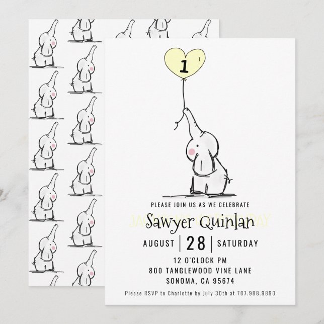 Invitation Whimsical Elephant First Birthday (Devant / Derrière)
