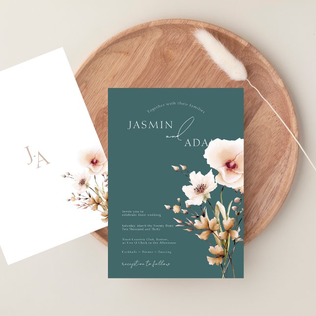 Invitation Whimsical Emerald Green Fleur sauvage Mariage (Whimsical Emerald Green Pink Wildflowers Wedding Invitation)