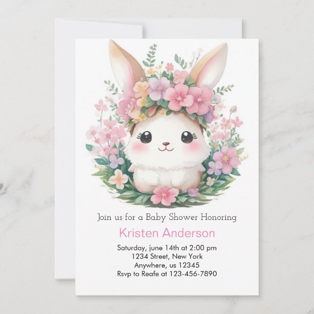 Invitation Whimsical Floral Bunny Girl Baby shower (Devant)