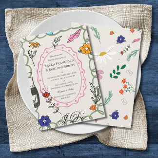 Invitation Whimsical Floral Folk Art Wedding Hand Drawn 