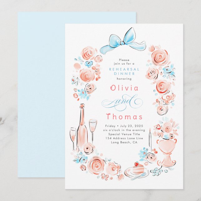 Invitation Whimsical Floral Hand Drawn Bow Rehearsal Dinner (Devant / Derrière)