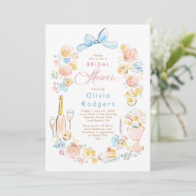 Invitation Whimsical Floral Hand Drawn Chic Bow Bridal Shower (Debout devant)