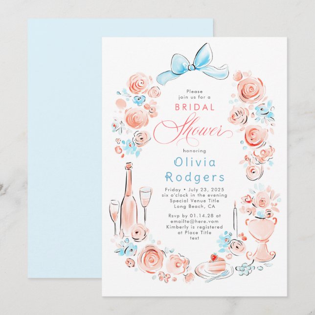 Invitation Whimsical Floral Hand Drawn Chic Bow Bridal Shower (Devant / Derrière)