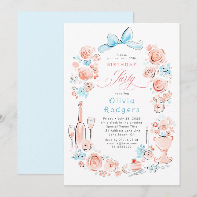 Invitation Whimsical Floral Hand Drawn Coquette Bow Birthday (Devant / Derrière)