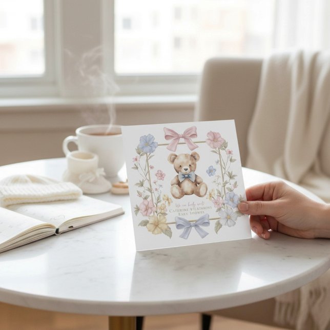 Invitation Whimsical Floral Teddy Bear Baby Shower QR code  (Créateur téléchargé)