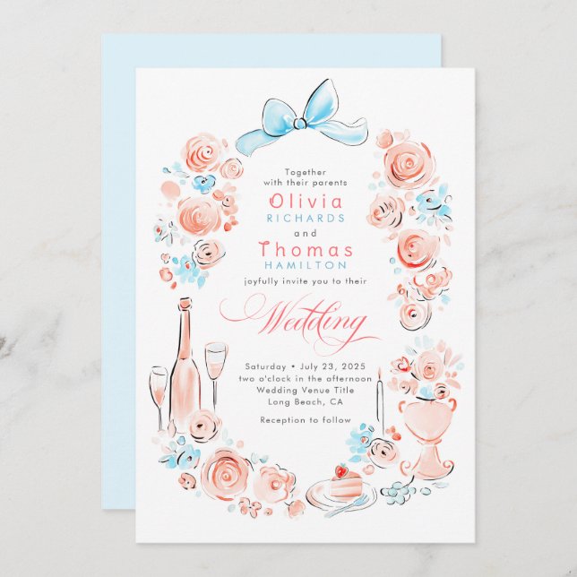 Invitation Whimsical French Floral Hand Drawn Wedding (Devant / Derrière)