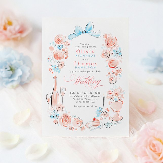 Invitation Whimsical French Floral Hand Drawn Wedding (Dusty Blue and Pink Floral Whimsical Wedding Invitation)