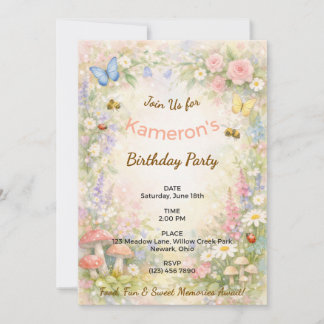 Invitation Whimsical Garden Birthday Pastel Butterflies Bee