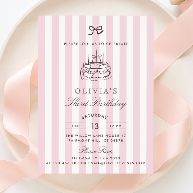 Invitation Whimsical, gâteau d'anniversaire, Bow rose & Strip (Créateur téléchargé)