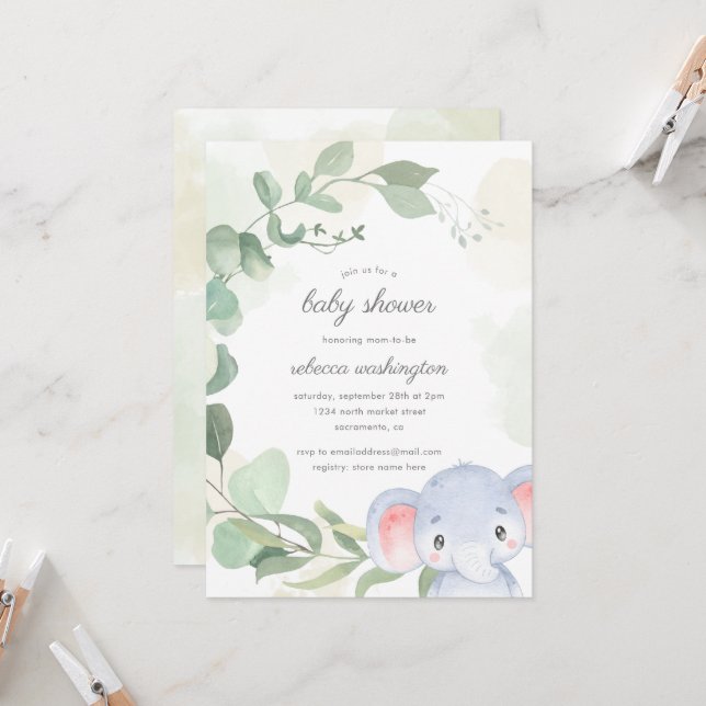 Invitation Whimsical Genre Neutre Baby shower éléphant (Devant/Arrière en situation)