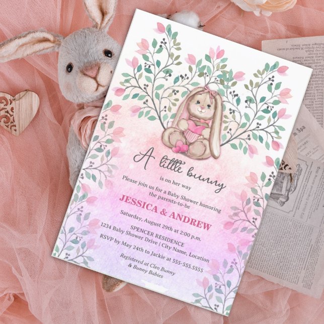 Invitation Whimsical Girl Bunny Baby shower floral (Créateur téléchargé)