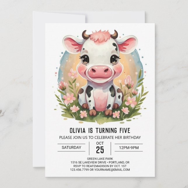 Invitation Whimsical Girl Rose Cow Anniversaire (Devant)
