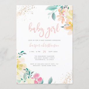 Invitation Whimsical Gold Blush rose Floral Baby shower fille