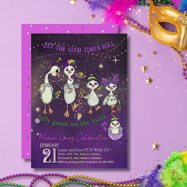 Invitation Whimsical Goose Family Mardi Gras Purple Pink (Whimsical Goose Family Mardi Gras Purple Pink Invitation)