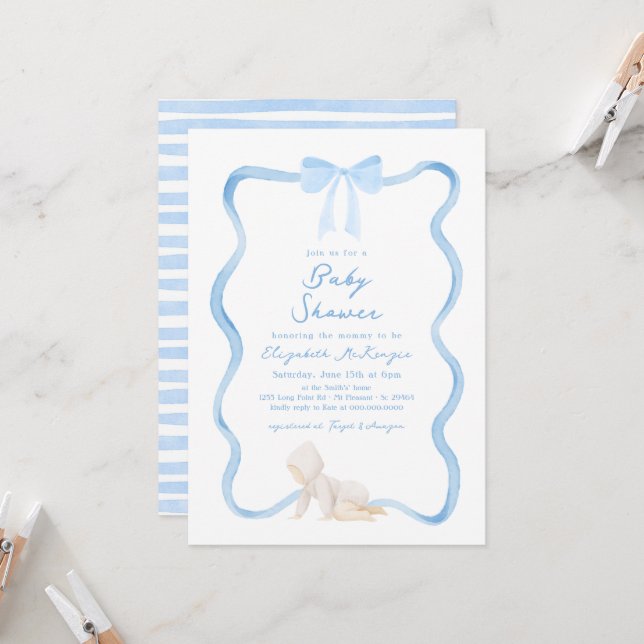 Invitation Whimsical Hand Drawn Blue Bow Boy Baby Shower (Devant/Arrière en situation)