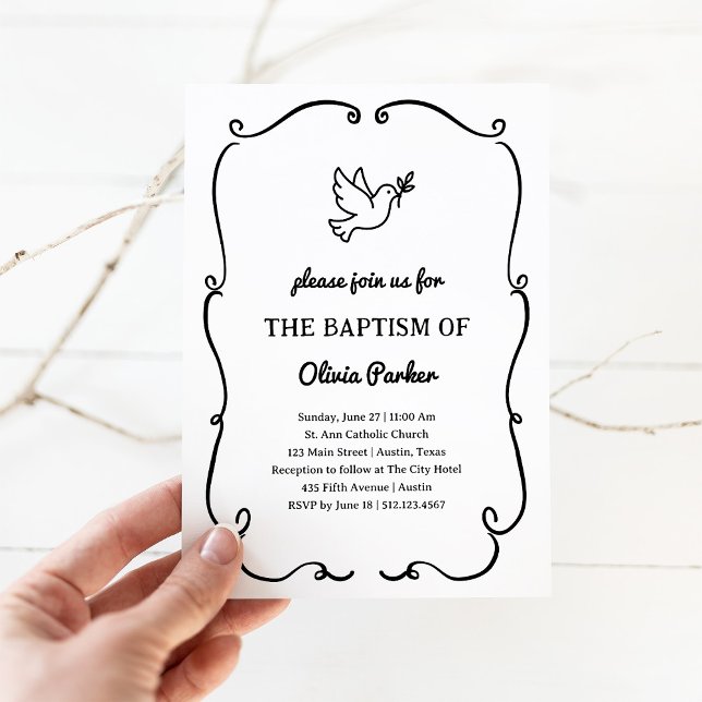 Invitation Whimsical Hand-Drawn Dove | Baptism (Créateur téléchargé)