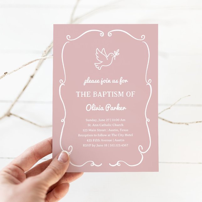 Invitation Whimsical Hand-Drawn Dove Pink | Baptism (Créateur téléchargé)