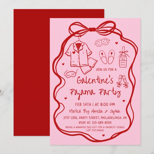 Invitation Whimsical Hand Drawn Galentine's Pajama Party  (Devant / Derrière)