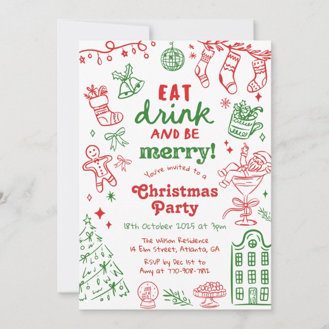 Invitation Whimsical Hand Drawn Red and Green Christmas Party (Devant)