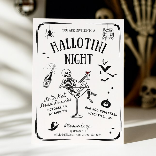 Invitation Whimsical Handwritten Skeleton Martini Halloween  (Créateur téléchargé)