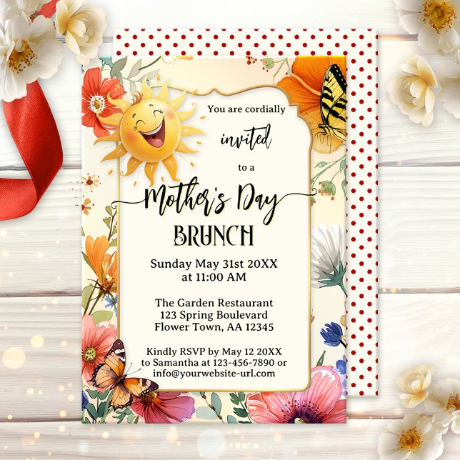 Invitation Whimsical Happy Mother's Day Brunch (Mother's Day brunch or lunch invitation featuring a laughing sun on a watercolor wildflower design)