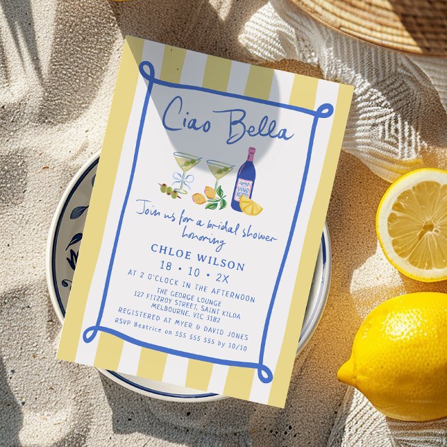 Invitation Whimsical Jaune Bleu Ciao Bella Fête des mariées (Ciao Bella Bridal Shower Invitation, That's Amore Bridal Shower Invite, Italian Themed Yellow Blue)