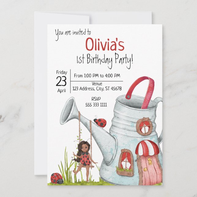 Invitation Whimsical Lady Bug Garden House Swing 1er annivers (Devant)