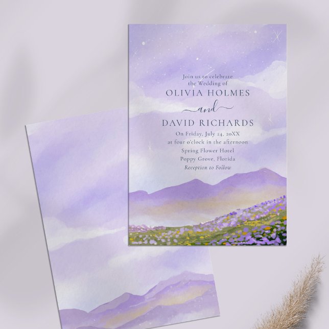 Invitation Whimsical Lilac Mariage paysage de nuit (Whimsical Lilac Night Landscape Wedding Invitation on lilac table.)