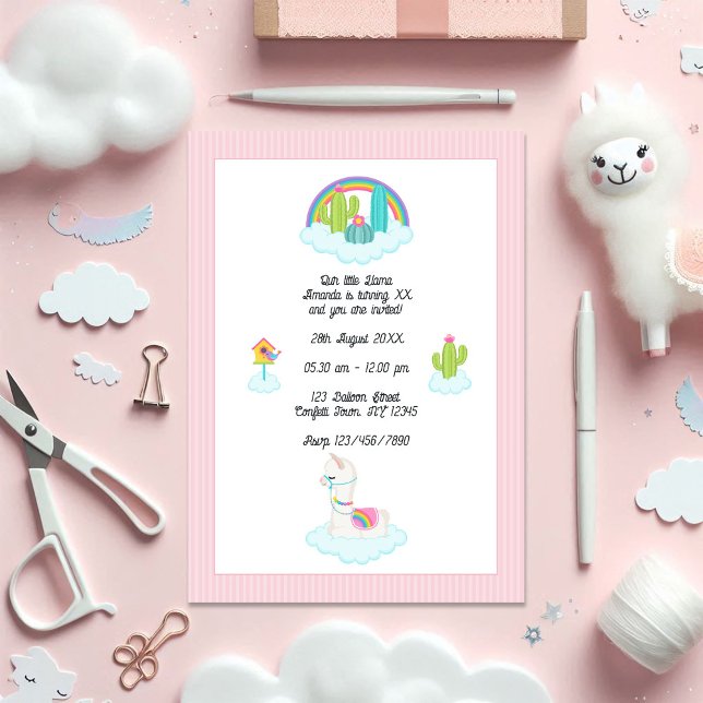 Invitation Whimsical Llama et Rainbow Anniversaire de enfant  (Whimsical Llama and Rainbow Kids Birthday Party Invitation)