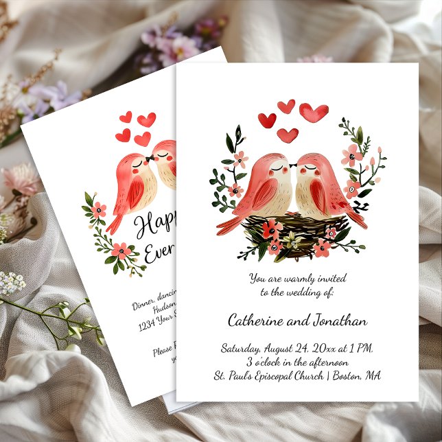 Invitation Whimsical Lovebirds Pink Hearts Wedding | (Créateur téléchargé)
