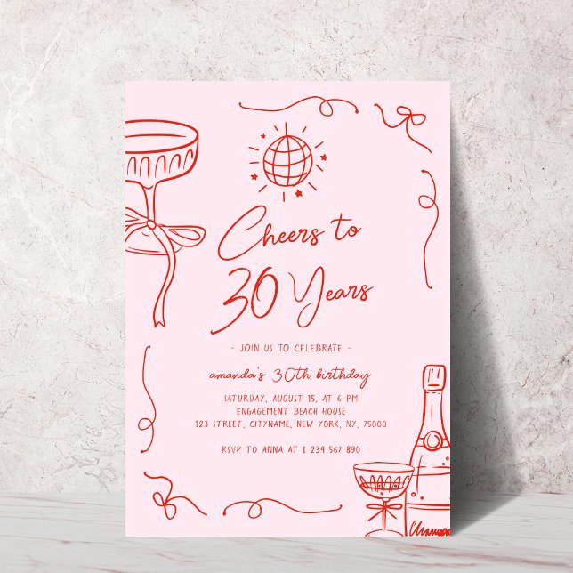 Invitation Whimsical main française tiré rose rouge 30e anniv (Créateur téléchargé)