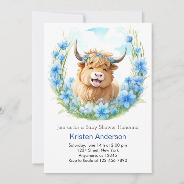 Invitation Whimsical Meadow Highland Cow Boy Baby shower (Devant)