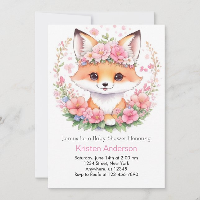 Invitation Whimsical Meadow Rose Fox Boho Girl Baby shower (Devant)
