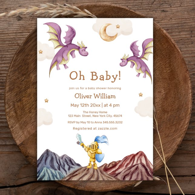 Invitation Whimsical Médiéval Fairytale Baby shower Dragon (Whimsical Medieval Fairytale Dragon Baby Shower Invitation)