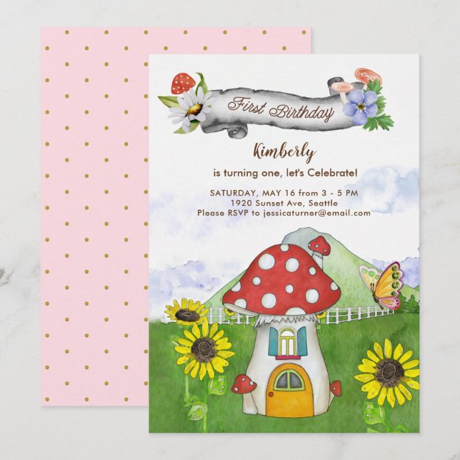 Invitation Whimsical Mushroom Floral Banner Premier anniversa (Devant / Derrière)