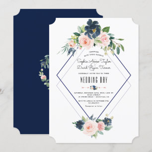 Invitation Whimsical Navy Blue Blush Floral Mariage