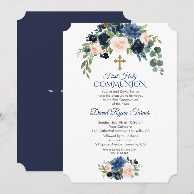 Invitation Whimsical Navy Blue Blush Flowers Première communi (Devant / Derrière)