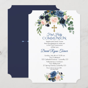 Invitation Whimsical Navy Blue Blush Flowers Première communi