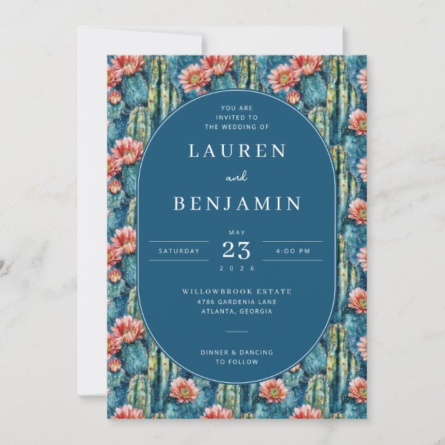 Invitation Whimsical Navy Botanical Cactus (Devant)