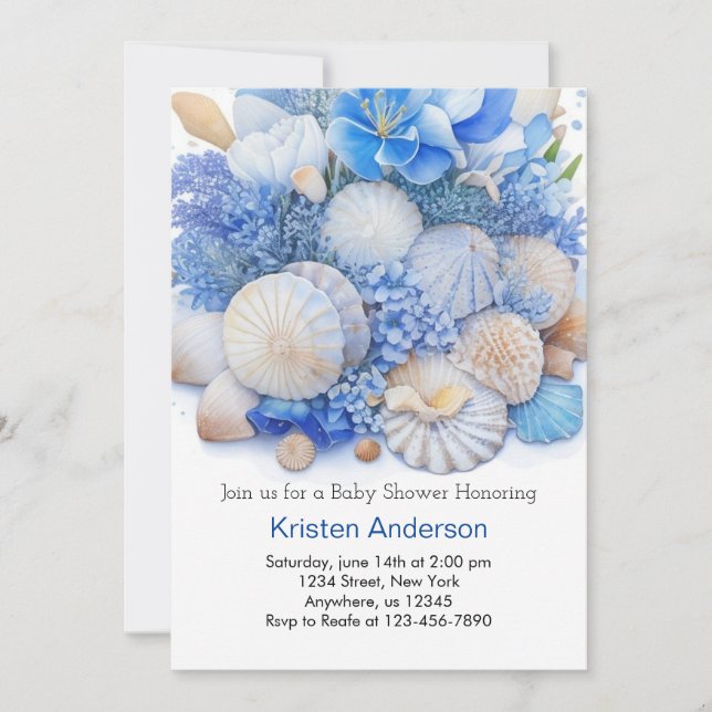 Invitation Whimsical Ocean Blue Beach Boy Baby shower (Devant)