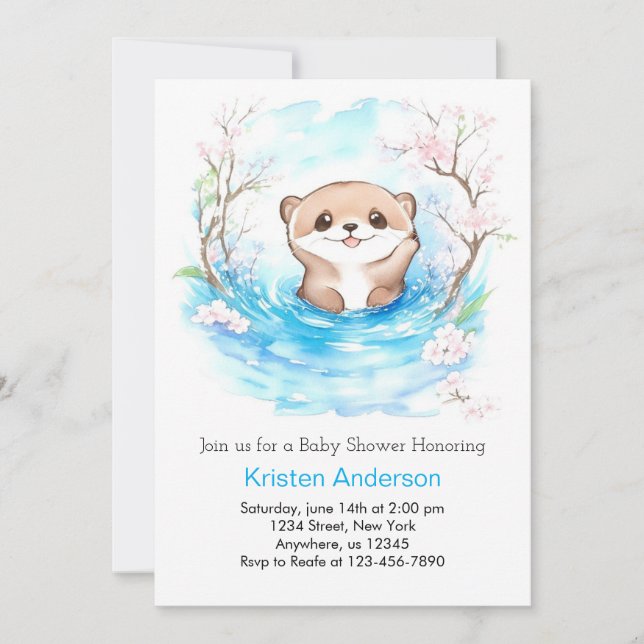 Invitation Whimsical Otter's Blue Oasis Boy Baby shower (Devant)