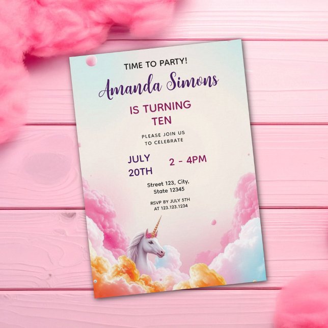 Invitation Whimsical Pastel Unicorn Cloud Girly 10th Birthday (Créateur téléchargé)
