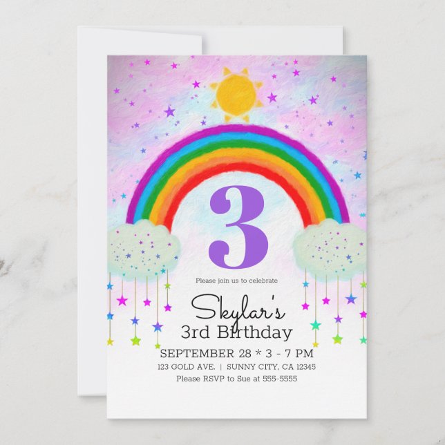 Invitation Whimsical Peint Arc-en-ciel & Étoiles fête d'anniv (Devant)