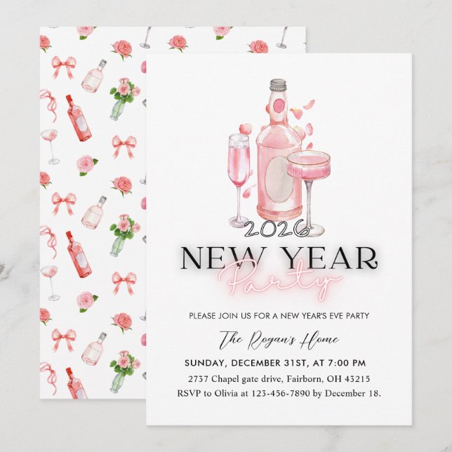 Invitation Whimsical Pink 2026 New Year Party (Devant / Derrière)